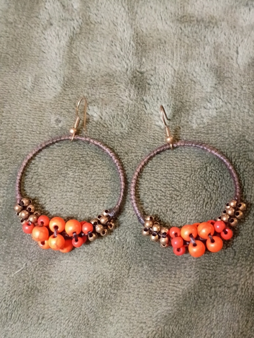 Boho Orange Beaded Hoop Earrings with Gold Accents